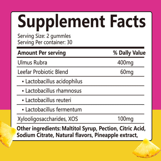 Feminine Probiotics Gummies with Slippery Elm for Women Supports pH Balance Gut Health & Immune System Pineapple Flavor 60 Count