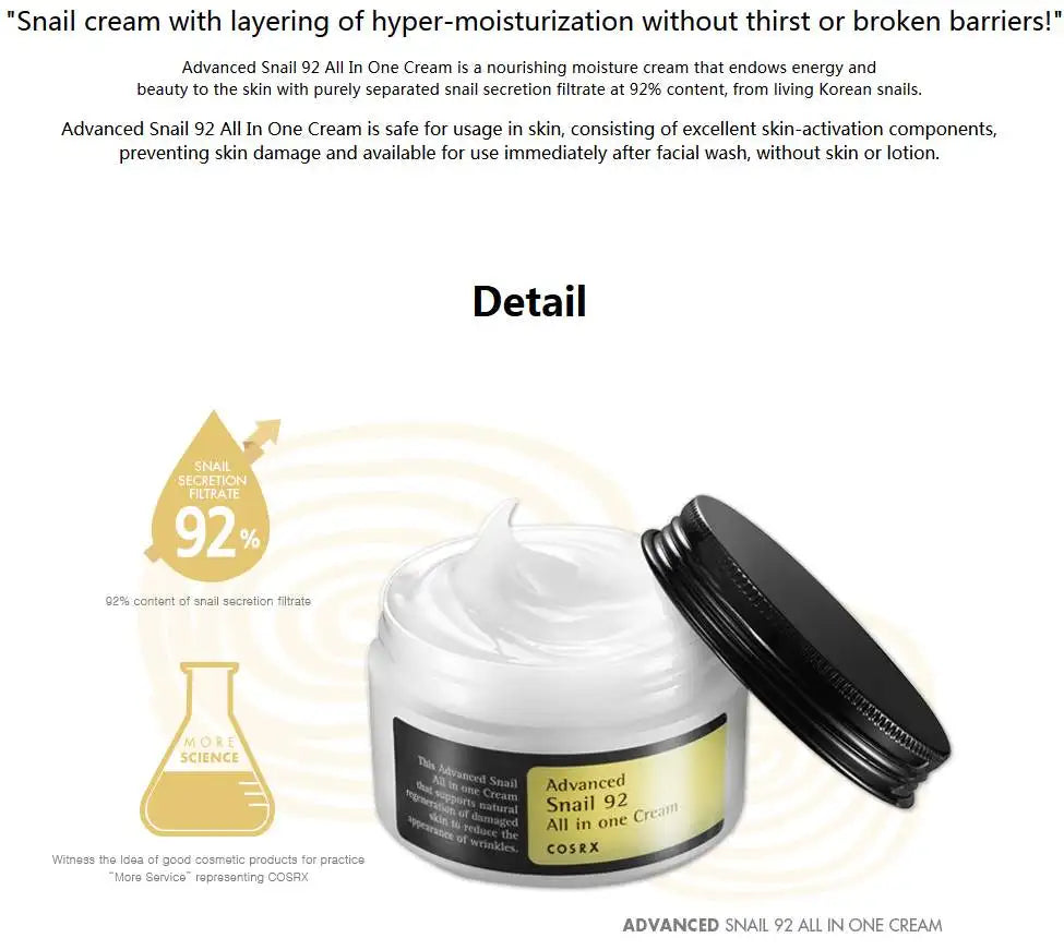 COSRX Advanced Snail 92 All In One Cream 100ml Facial Care Moisturizing Skin Korean Cosmetics