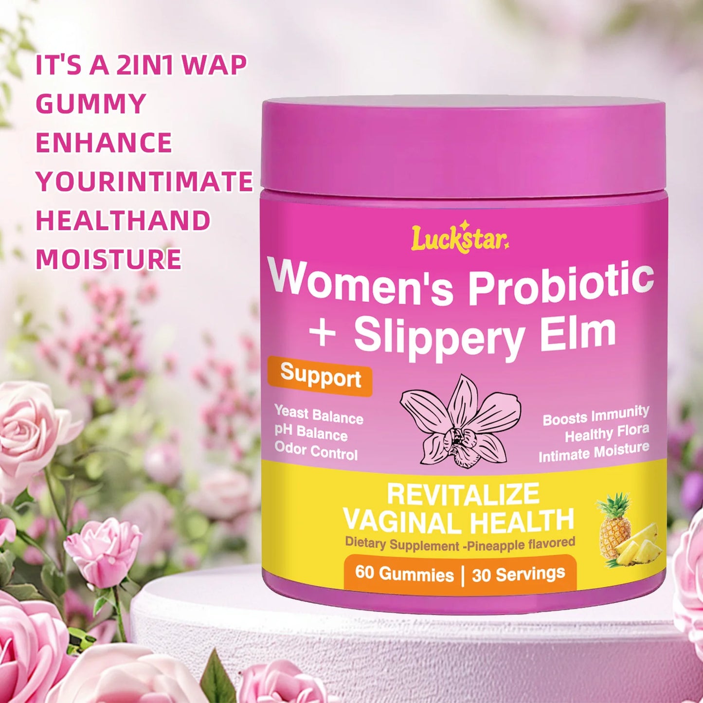 Feminine Probiotics Gummies with Slippery Elm for Women Supports pH Balance Gut Health & Immune System Pineapple Flavor 60 Count