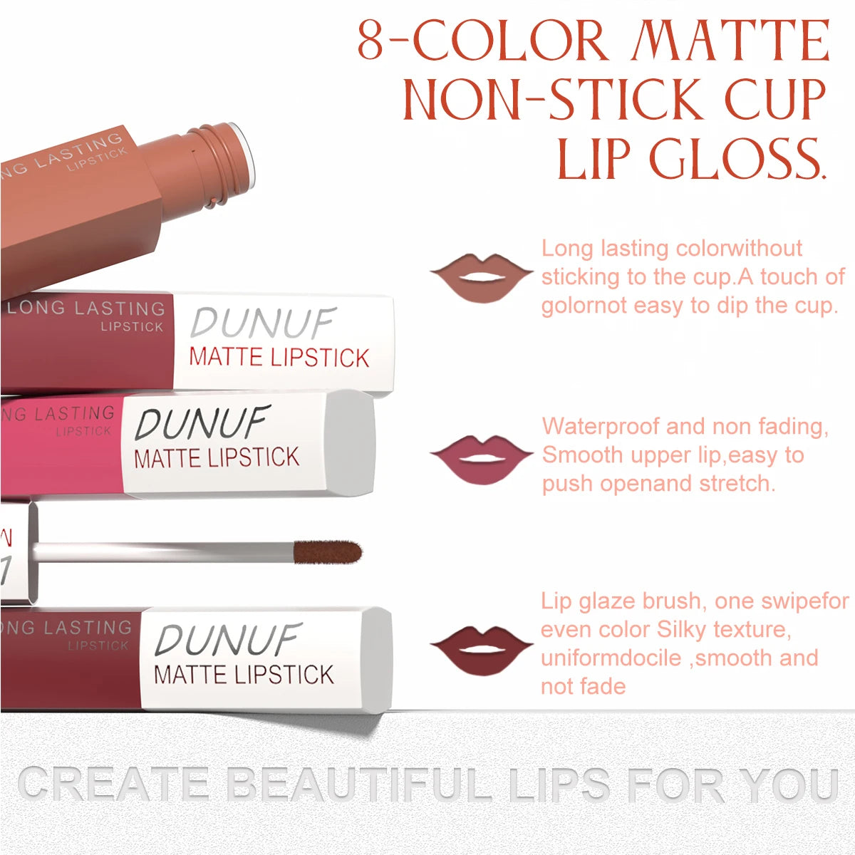 6Pcs/8Pcs matte color lasting lip gloss set three-dimensional plastic lips waterproof anti-sweat non-stick cup lipstick set