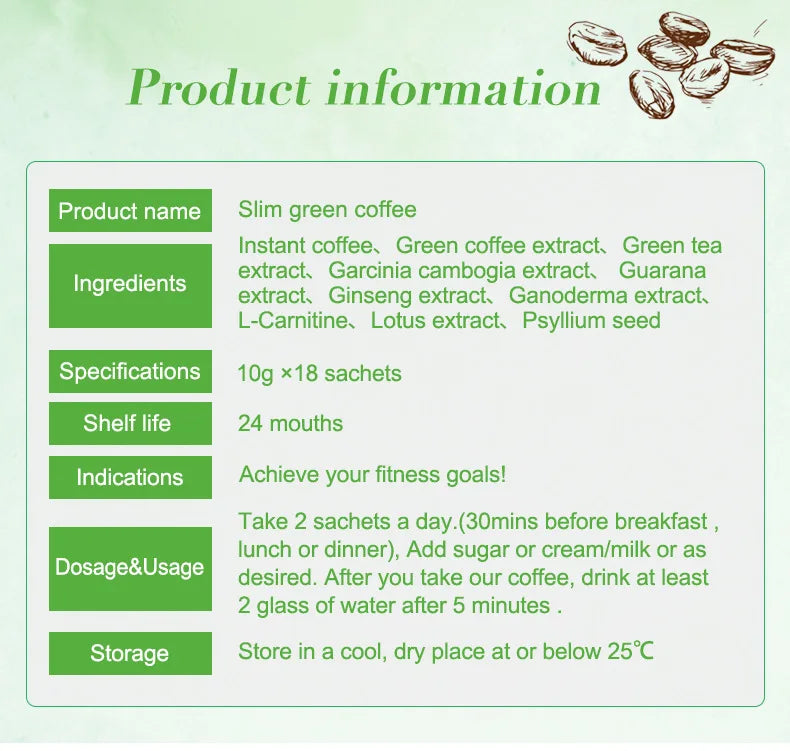 18 Pcs/Box Premium Slim Green Coffee For Weight Loss Super Safe Fast Slim Fat Burning Detoxification Control Appetite Products