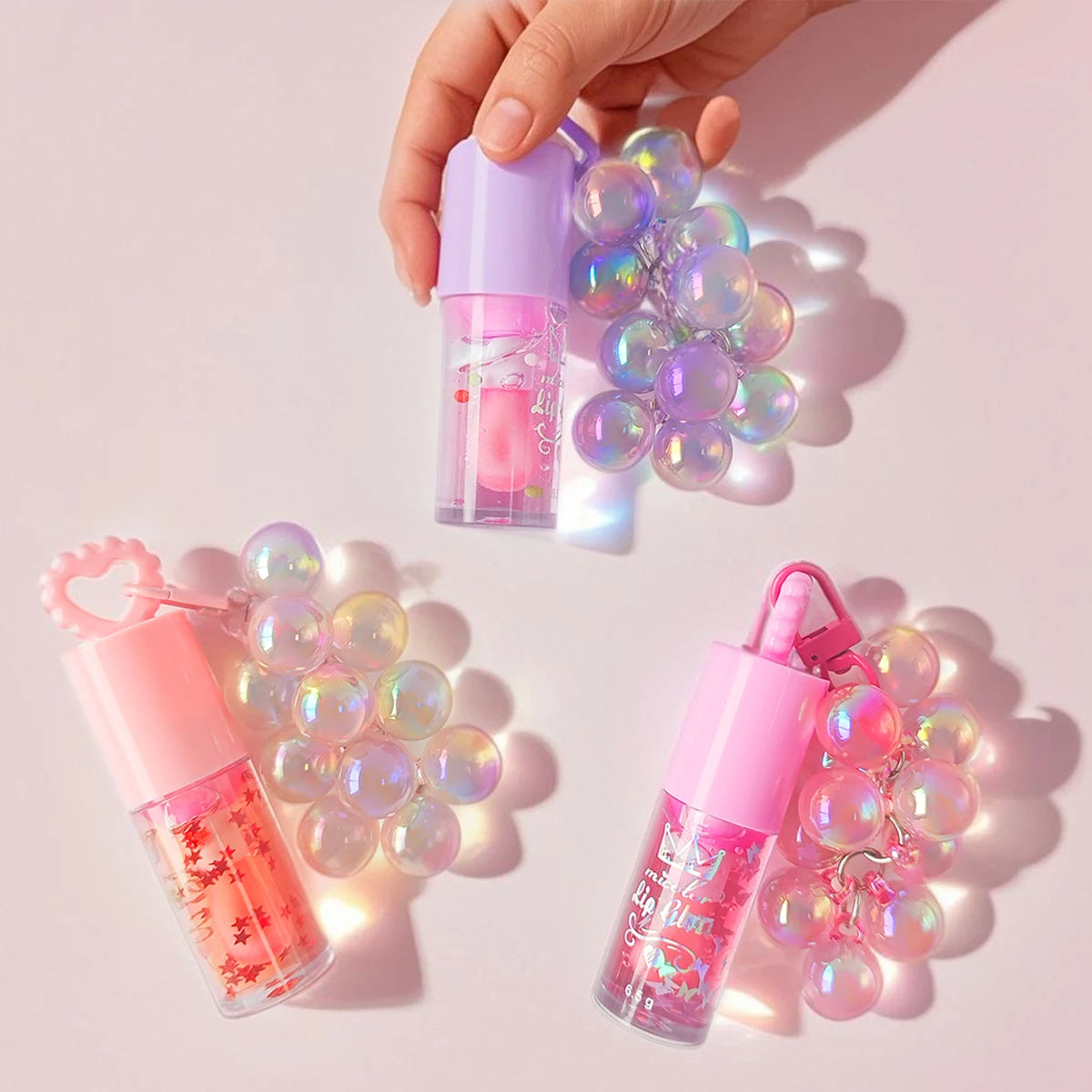 Three color random grape pendant lip oil lip gloss moisturizing, easy to use, long-lasting waterproof, cute gift giving