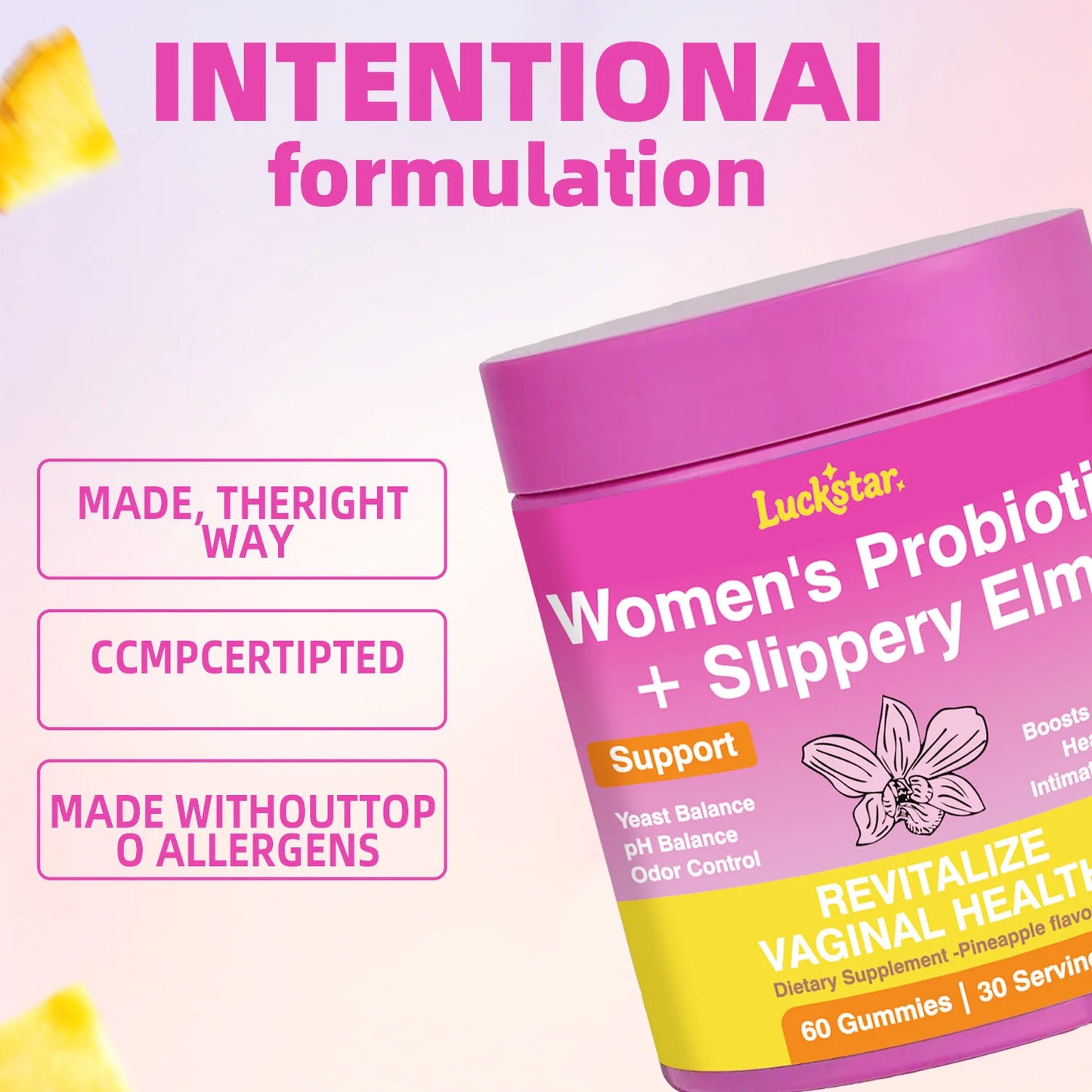 Feminine Probiotics Gummies with Slippery Elm for Women Supports pH Balance Gut Health & Immune System Pineapple Flavor 60 Count