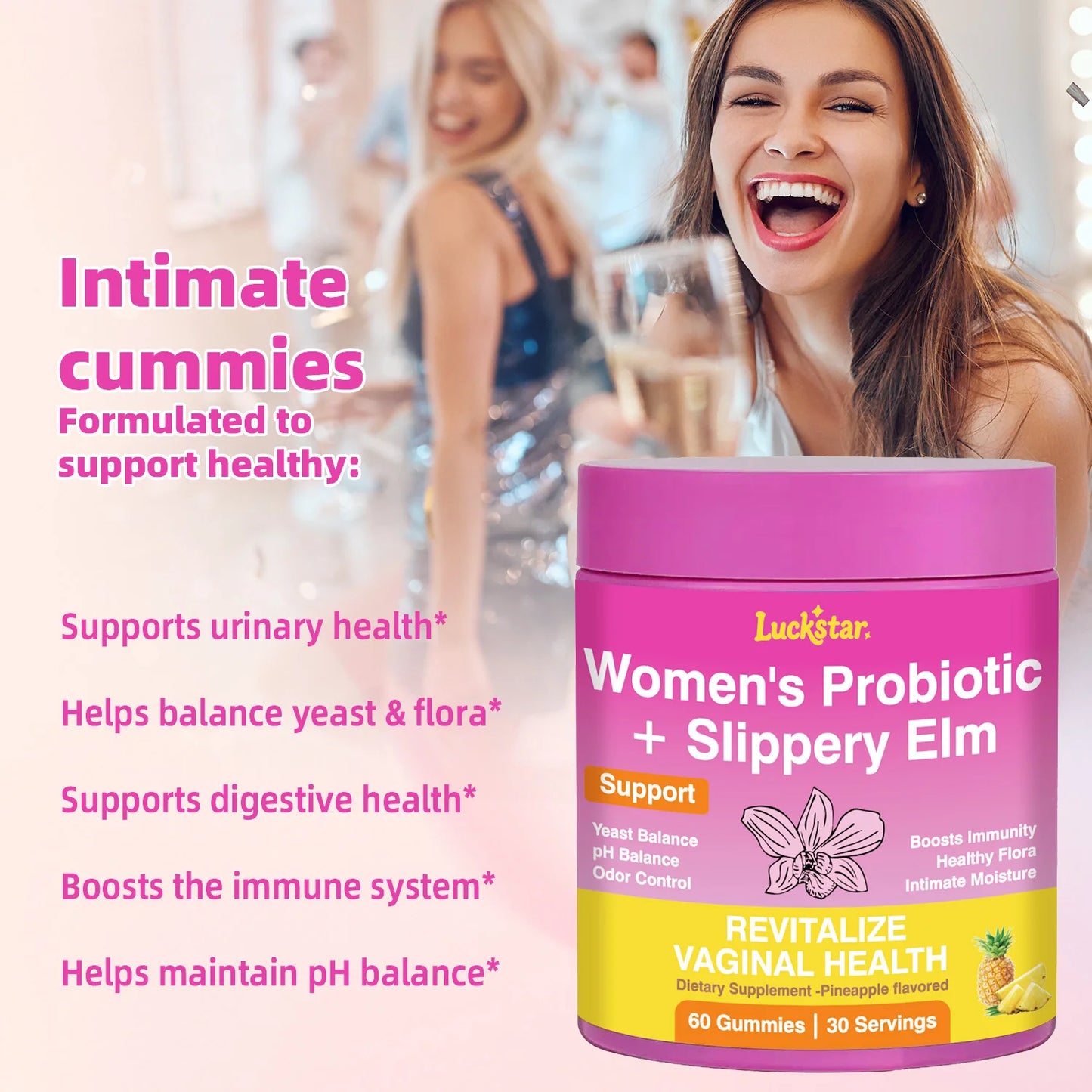 Feminine Probiotics Gummies with Slippery Elm for Women Supports pH Balance Gut Health & Immune System Pineapple Flavor 60 Count