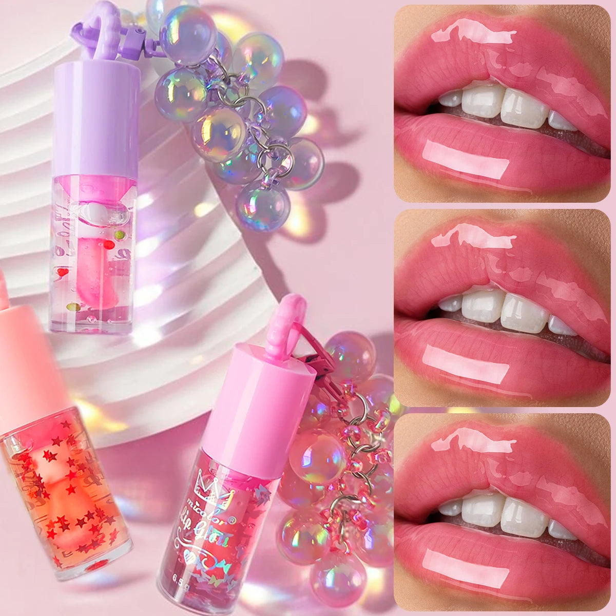 Three color random grape pendant lip oil lip gloss moisturizing, easy to use, long-lasting waterproof, cute gift giving