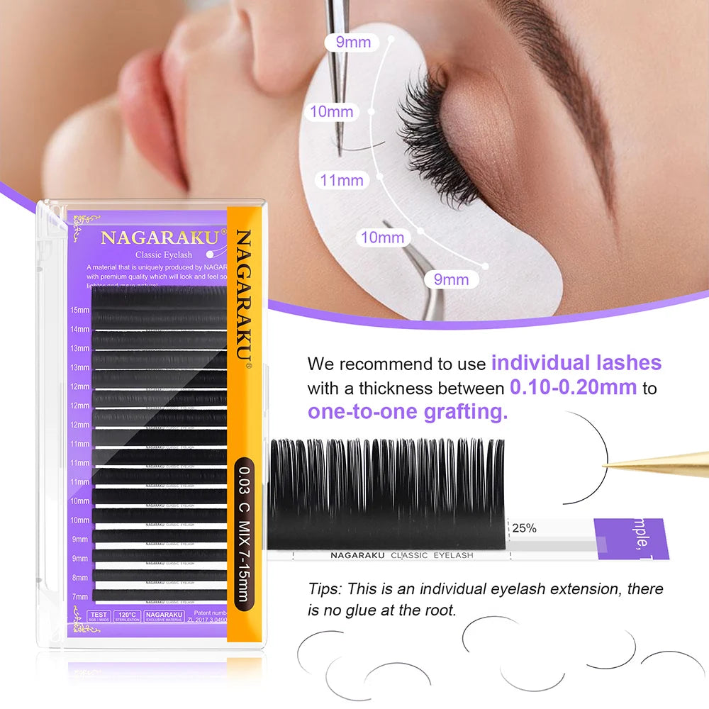 NAGARAKU Classic Eyelash Extension All Size Faux Mink Individual False lash Natural Soft Lashes Cils Makeup C D