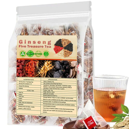 Ginseng Five Treasures Tea Kidney Tea, Natural Chinese Herbal Tea, Kidney Cleanse Detox Tea for Men & Women, 6 Ingredients
